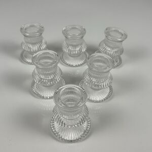 Set of 6 Vintage Ribbed Clear Glass Taper & Tealight Candle Holders